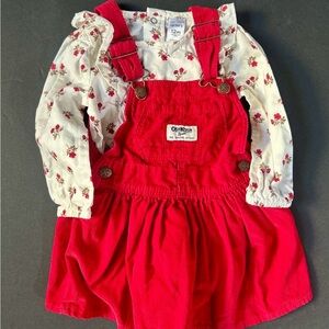 Osh Kosh B’Gosh 12m Red Corduroy Floral Bib Dress & Long Sleeve Onsie,Pre-Owned